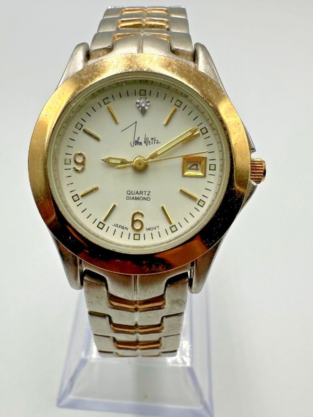 3/$30 John Weitz Watch Women Silver Gold Two Tone Date Window New Battery 7”